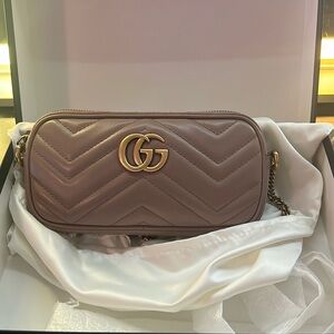Authentic Gucci Marmont Rose Nude Zip Around Leather Crossbody Bag